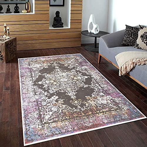 Carpetilla Teppich Wohnzimmer Venedig Kurzflor Vintage Modern Orientalisches Muster mit Ornamenten Orientaler Teppich Beige Lila Farbig (160x230 cm)