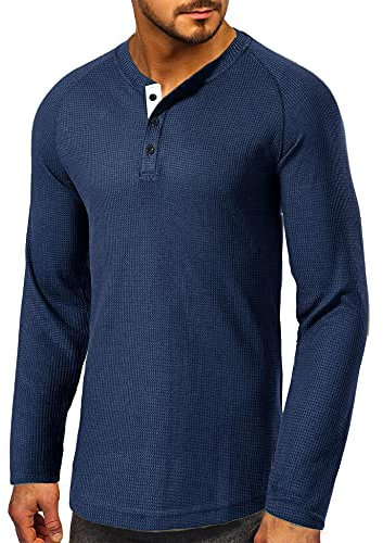 Cabeen Mens Casual Long Sleeve Waffle Henley T-Shirts Round Neck 3 Button Placket Top Blue