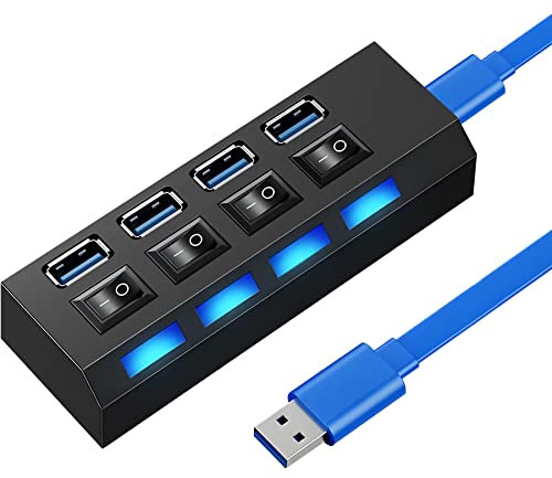 Retoo 4-Port Hub USB 3.0 mit Power Schalter und LED, Datenhub Aktiv zum Laden zur Datenübertragung, Mehrfach Ports Verteiler EIN/Aus-Schalter fur PC, Laptop, MacBook Air, Powerbank (4 3.0), Schwarz