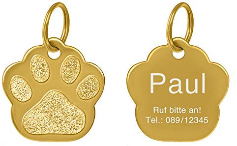 kultdog Pfote Hundemarke aus Edelstahl mit Gravur I Adressanhänger in 2 Größen erhältlich I Tiermarke für Hunde inkl. Schlüsselring - Gold Klein