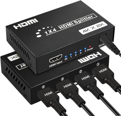 Répartiteur HDMI 1 entrée 4 sorties, 4 ports HDMI 4K @ 30 Hz avec adaptateur d'alimentation, prend en charge le distributeur EDID 3D HD pour PS4 Xbox Fire Stick HDTV