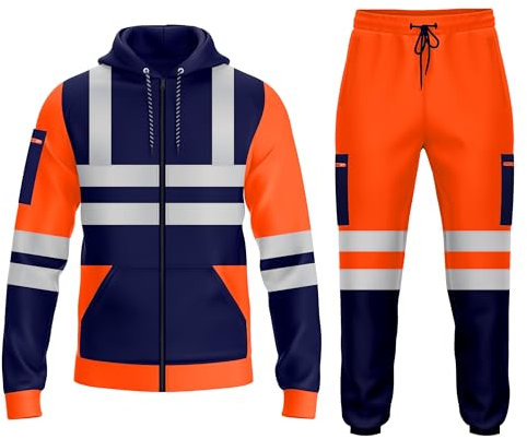 trending babz Mens Hi Vis Viz Zip Up Hooded High Visibility Tracksuit Zip Sweatshirt & Jogging Bottoms Joggers Reflective Tape Safety Work Full Set