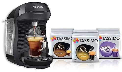 Machine a Cafe BOSCH machine Tassimo HAPPY (noire) + 3 packs de T-Discs offerts. compacte automatique avec lecteur optique de codes bar