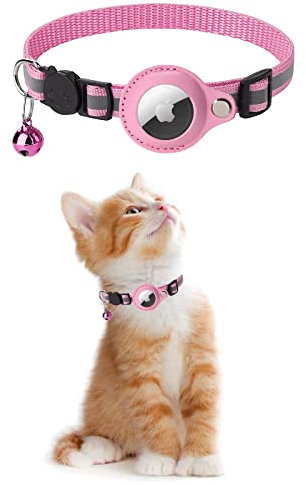 KOLACEN Reflektierendes AirTag Katzenhalsband, Airtag mit Airtag Hülle und Glocke, Einstellbares Airtag Katzenhalsband mit abbrechbarer Sicherheitsschnalle für Welpen Katzen Kätzchen (Rosa)