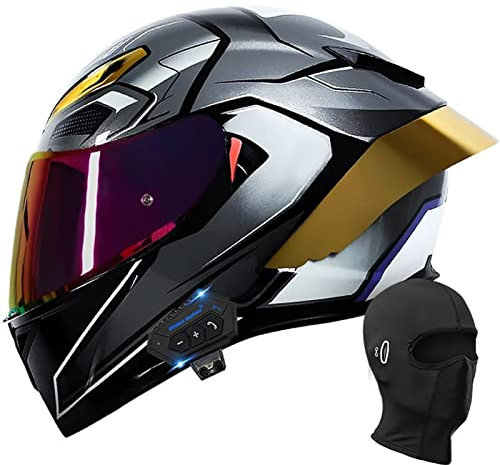 Bluetooth Full Face Motorrad Helm, DOT Genehmigt Flip Up Anti-Fog Double Visor Street Bike Helm, Built-In Dual Lautsprecher Mit Mikrofon Für Erwachsene Männer Und Frauen,Aurora c,M