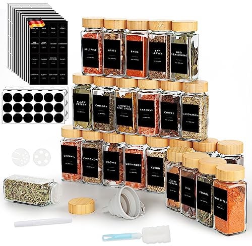 Lannvan Botes Especias Cristal - 24pcs Cuadrado Botes para Especias con Tapa de Madera - 120ml Frascos Especiarias - Tarros Especias incluir Embudo, Tamiz, Cepillo Limpieza, Etiquetas y Bolígrafo
