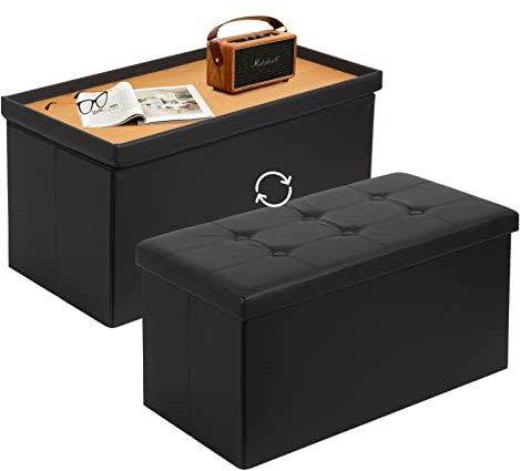 Todeco Sitzbank mit Stauraum Sitztruhe, Aufbewahrungstruhe mit 2 in 1 Deckel, Fußhocker faltbar aus Kunstleder, Sitzhocker 80 Liter für Wohnzimmer Essenzimmer Schlafzimmer, Schwarz