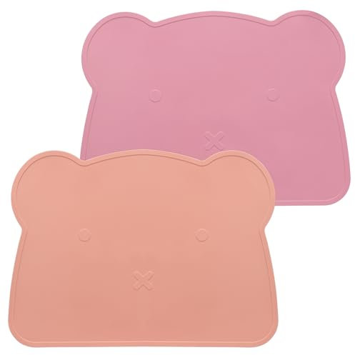 MOJINL Kinder Platzset Bär, Baby Silikon Platzdeckchen Abwaschbar, Rutschfestes Kinder Tischset, BPA Frei Schmutzabweisende Tischunterlage für Kinder und Kleinkinder (Signalorange Rosa)