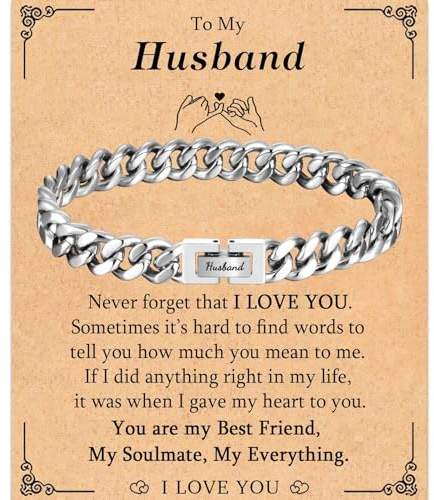 TEVOP Husband Gifts, Engraved Bracelet Husband Gifts from Wife, Cuban Chain Bracelet Gift for Him, Presents for Birthday Christmas Valentines Day