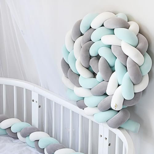 GaRcan Geknotetes Seitenschläferkissen, Gewebte Dekokissen, Stricken das Kinder schützt Geflochten Bettseitenkissen (Color : White+Gray+Light Green, Size : 3m)