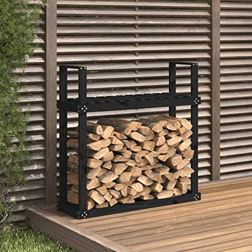 CIADAZ Kaminholzregal Schwarz 110x35x108,5 cm Massivholz Kiefer, Holzunterstand, Holzstapelhilfe, Aufbewahrung Holz, Holzregal, Brennholzregal Außen, Kaminholz Aufbewahrung