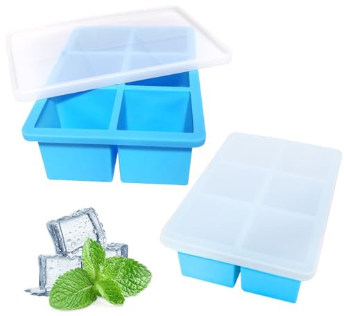 iNeibo Big ice Cube Tray Baby Food Freezer Trays - Large ice Cube Trays Silicone - Make 6 Pieces 2 Inch Ice Cube Mold for Whiskey,Drinking,Make Fun for ice Cube Tray with lid (Blue-lid, 2pack)