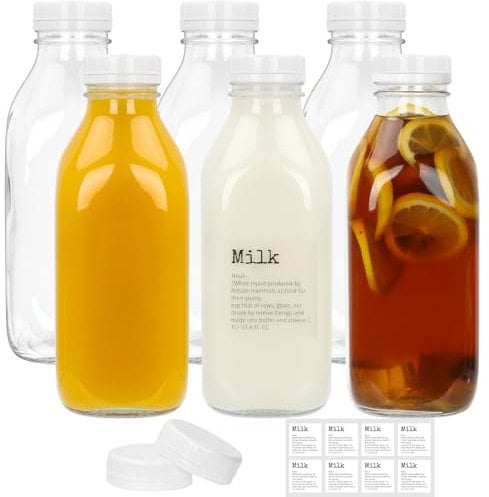 DHSBTLS 6 botellas de leche de vidrio con tapa, 33.8 onzas/1 litro, recipiente de leche de vidrio reutilizable para refrigerador para almacenar leche fresca, tarro hermético transparente resistente