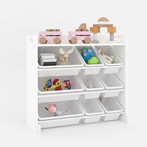 Kids Storage Unit Toy Box Organiser Bookshelf With Removable Baskets, for Bedroom, Nursery, Playroom (White Wood With White Bins)