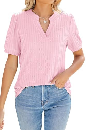 Atxnn Chemisier pour Femme à Manches Courtes Blouse Col en V Hauts D'Été Couleur Unie Décontracté Élégant Tops