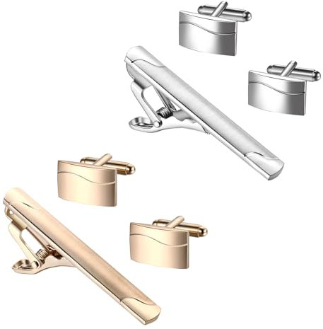 JewelryWe Herren Krawattenklammer und Manschettenknöpfe Set: 6er Business Hemd Krawattennadel Manschettenknopf Cufflinks Tie Clips mit Gravur für Hochzeit Smoking Party Geschäftstreffen Gold Silber