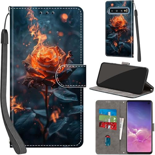 Handyhülle für Samsung Galaxy S10 Hüllen Premium Leder Case Klappbar Wallet Magnet Kartenfach Standfunktion Schutzhülle kompatibel mit Samsung S10 Cover,Flamme