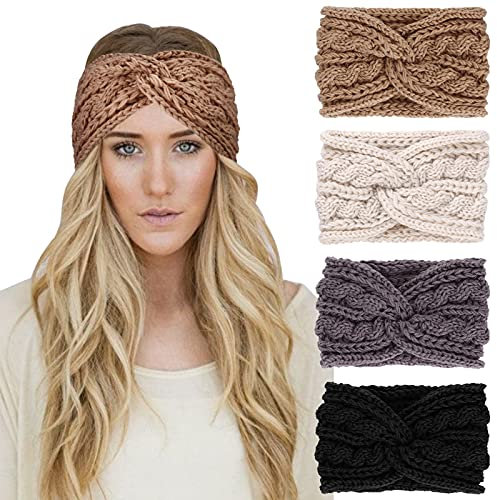 DRESHOW 4 Pack Crochet Knit Wide Turban Headband Warm Bulky Crocheted Head Wrap Headband Ear Warmer for Women