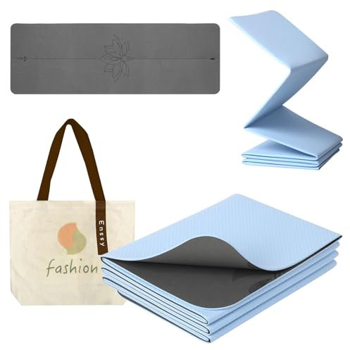 Enssy Rutschfeste, faltbare Reisematte, PU+TPE, 173 x 61 x 0,4 cm, leicht, faltbar, für Reisen, faltbare Yogamatte mit Tragetasche, Übung, Pilates
