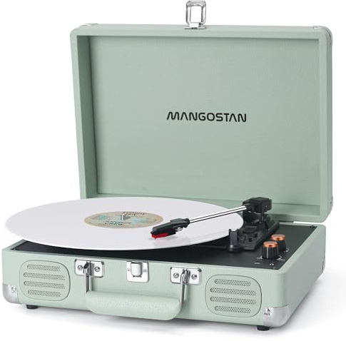 MANGOSTAN Plattenspieler, 3 Geschwindigkeiten, Bluetooth, tragbarer Koffer, Vinyl-Phonograph mit integriertem Bass und Lautsprechern, LP-Player mit Riemenantrieb, unterstützt AUX-Eingang