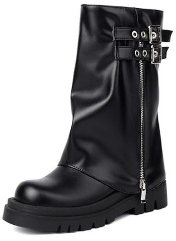Lroey Reoly Donna Stivali a Metà Polpaccio Zip Stivali Piatti con Plateau Tacco Medio Punta Rotonda Moda Stivali da Festa, B390Et Nero Numero 45 EU