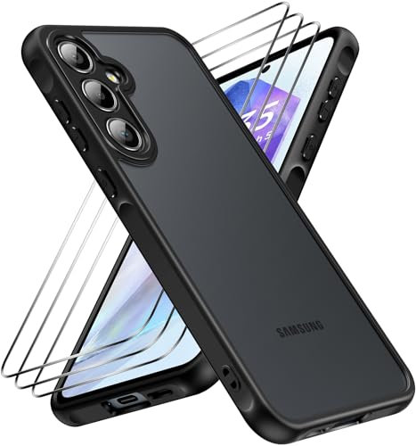 caslord Coque pour Samsung Galaxy A55 5G avec 3 Verre Trempé [Antichoc] Coque de téléphone Portable, Dos Translucide Mat Anti-Traces de Doigts, Noir