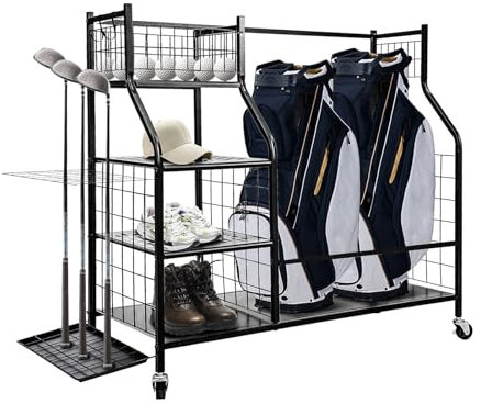 Youyijia Golf Storage Rack with Wheels Extra Large Golf Club Organizer Golf Bag Stand with Shelves for Accessories Heavy Duty Golf Organizer for Garage Shed Basement