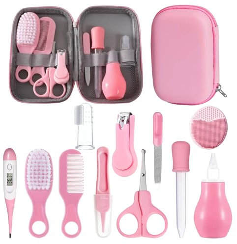 Mokaskaidj 12Pcs Trousse de Soin Bebe Naissance, Trousse de Toilette Bebe, Sets et Trousses de Toilette, Ensemble Sécurité pour Bébé Sans BPA, Produits Puériculture our Les Voyages et Maison (Rose)