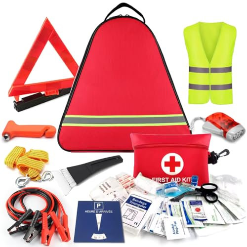 Kit de Sécurité Auto - Trousse de Premiers Secours, Triangle de Signalisation, Gilet Jaune, Gants, Sangle de Traction, Brise-Glace, Lampe Dynamo Câbles de Batterie Disque de Stationnement Gratte-Givre