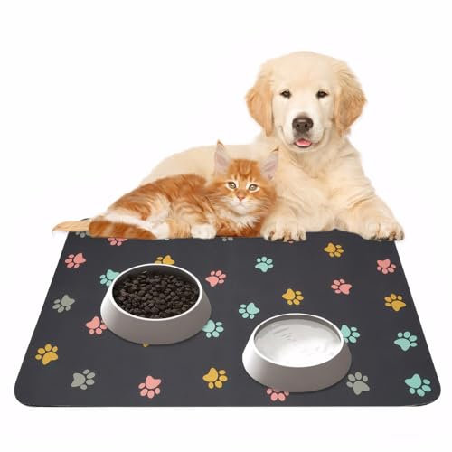Tapis pour Gamelle Chien Imperméable et Antidérapant, 30x45 cm, Tapis Gamelle Chien pour et Chat de Silicone, Séchage Rapide Super Absorbant Lavable Antidérapant (Gris Foncé)