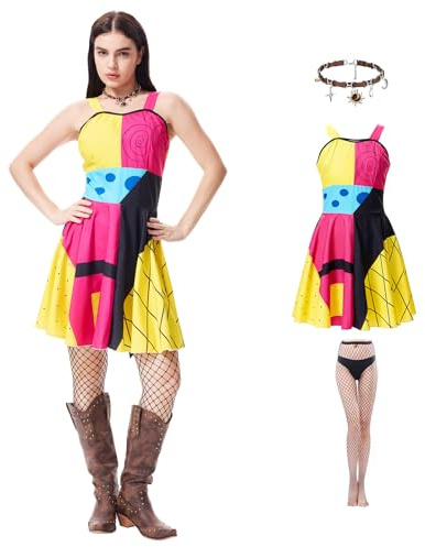 Crazycos Halloween Nightmare Christmas Kostüm, Pop Art Cosplay Kostüm Hosenträgerkleid Mit Netzsocken(S-XXL) für Damen Halloween Partys, Comic Con Themenveranstaltungen-XXL
