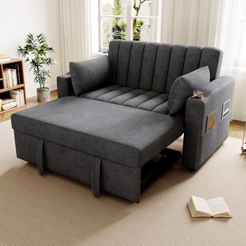 Sofá Convertible, sofá cama, sofá de 2 plazas con función de dormir, con respaldo ajustable, con portavasos y almohadas, adecuado para salón, dormitorio, apartamento (gris Velvet 2 Seat)