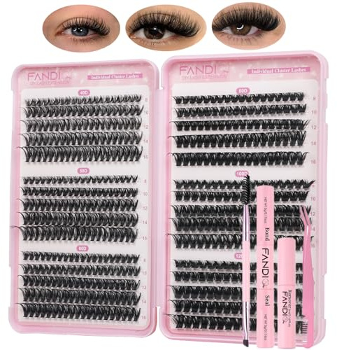 FANDIQ Kit per ciglia finte con colla e rimozione ciglia 40D+50D+60D+80D+100D+120D, volume soffice, 560 pezzi, kit di extension per ciglia singole da 8-16 mm, kit fai da te per extension ciglia a D