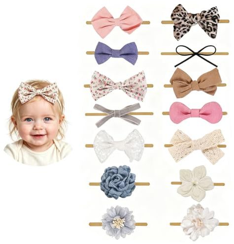 14PCS Baby Girls Headbands Hair Bows Nylon Cotton Linen Hairbands Handmade Hair Accessories for Newborn Infant Toddlers Little Girl and Kids (Pink)