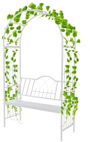 QYANPEN Gartenbogen aus Metall mit Bank, Pergola-Spalier aus Stahl für Weinreben/Kletterpflanzen, 210 cm hoher Rosenbogen mit 2-Personen-Bank, Gartensitz für draußen (weiß)