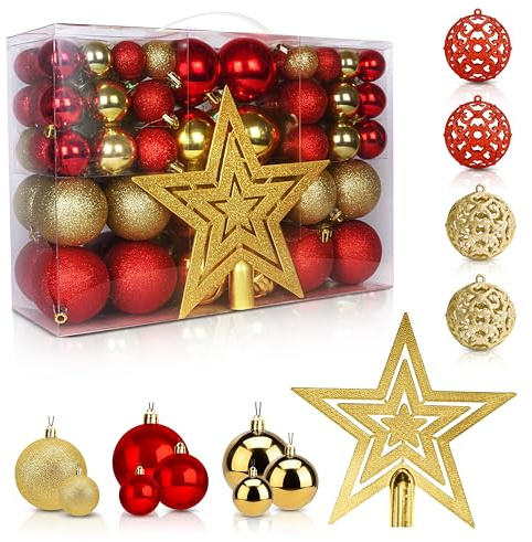 EcoNour Christmas Tree Baubles 100Pcs Red & Gold – Shatterproof Xmas Ornaments Balls Set for Christmas Decorations & Christmas Tree Decor