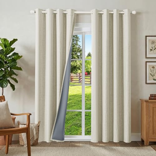 Runyéla 100% Verdunklungsvorhänge Leinen Gardinen mit Ösen 2er Set, Thermovorhang Hitzeschutz H 200 x B 140, Leinenoptik Vorhänge Blickdicht Hellbeige Schallschutz für Schlafzimmer Wohnzimmer
