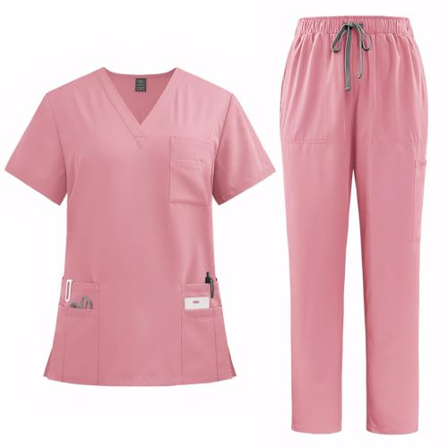 Meichoon Scrubs Set for Women Medical Uniform Set with V Neck Short Sleeve Top Straight Leg Pants 8 Pockets Stretchy Drawstring Moisture-Wicking DK77