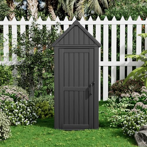 Fancyango Outdoor Resin Storage Shed, Upgrade Sturdy Storage Cabinet with Removable Shelves and Lock Ring, Reinforced Floor, All-Weather Construction for Garden Patio Lawn (Black) (Black)