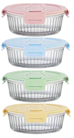 S.ROKE TTAN 370ml Klein Runde Glasbehälter Mit Deckel Und Löffel, 12oz Runde Klein Meal Prep Gläser für Büro, Schule, Outdoor, BPA-frei, Mikrowellen, Gefriergeeignet, Ideal für Obst, Lunch(4ER)