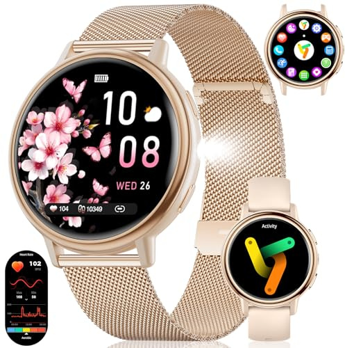 Smartwatch Damen mit Taschenlampe, 1,26‘’ HD Display Fitnessuhr für Frauen mit Anrufannahme, Herzfrequenz-/Schlaf-/SpO2-Monitor, IP68 Wasserdicht, 110+ Sportmodi Smart Watch für iOS Android, Roségold