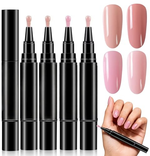 4 Colors Nail Polish Pens,3-in-1 UV Gel Nail Art Pens,No Base Coat Needed Nail Varnish Pens,Long-Lasting Gloss One Step Nail Polish Gel Pen,Nail PolishPens for DIY Manicure High Pigment