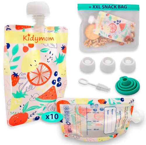 Quetschies Zum Selbstbefüllen 150ml, Set Von 10 Wiederverwendbare Quetschbeutel für Baby/Kinder für Mahlzeiten Kompott/Püree, nachfüllbar und waschbar BPA-frei + 1 Wiederverwendbare Snack-Beutel XL