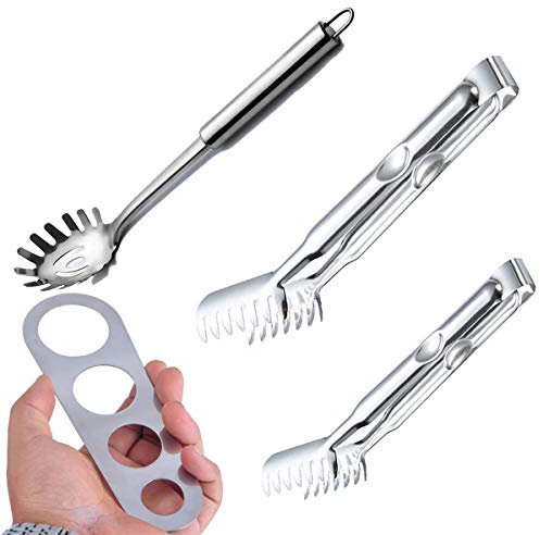 Lot de 4 de Serveur de Pâtes Acier Inoxydable, Jicyor 2pcs Pinces à Spaghettis +1pcs Cuillère à Pâtes +1pcs Outil de Mesure Spaghetti pour Cuisine Nouilles
