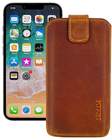 Suncase ECHT Leder Tasche kompatibel mit iPhone 13 (6.1) mit ZUSÄTZLICHER Transparent Hülle | Schale | Silikon Bumper Handytasche (mit Rückzugsfunktion und Magnetverschluss) in antik Cognac