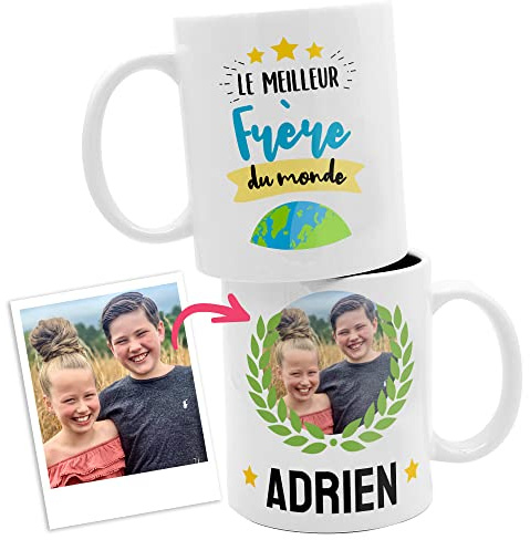 ETIKIDS Tasse LE MEILLEUR FRÈRE DU MONDE avec prénom et photo personnalisés. Idéal cadeau de Noël ou d'anniversaire personnalisé original. Tasse de petit déjeuner en céramique (Meilleur Frère)