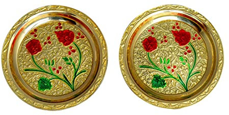 Set of 2 Thali Small Decorative Brass Minakari work Plate, Decorative Indian Roli chawal Prasad Plate Katori for Pooja Utensils for Indian Traditional Navratri Decoration Puja Item (Size:- 5)