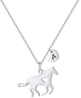 TINGN Pferde Mädchen Geschenk, Pferde Kette Herz Buchstaben Edelstahl Kette mit Buchstaben A-Z Personalisierte Geschenke für Teenager Mädchen Pferdeliebhaber Geschenke für Schwester Tochter Schmuck