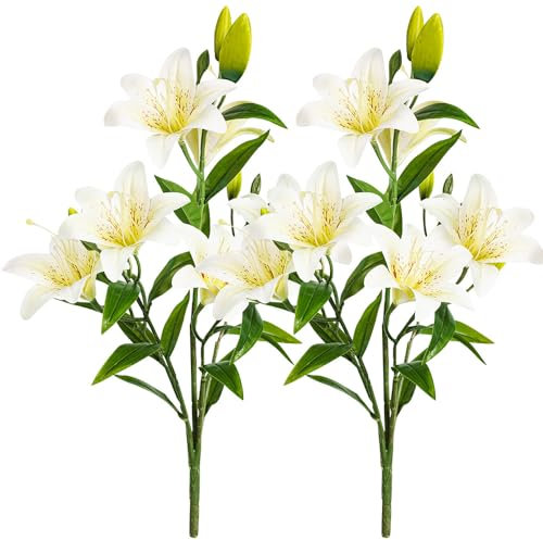 Melorca&Guilla Künstliche Pflanzen für den Außenbereich, 45,7 cm, weiße Anthurie, künstliche Blumen, für den Innenbereich, für Geschäft, Garten, Veranda, Büro, Heimdekoration (weiße Lilie, 2)