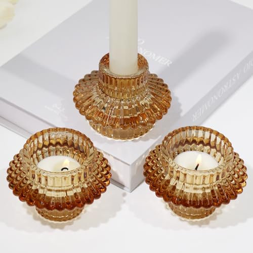 HofferRuffer Kerzenständer Glas 3er Set,Kerzenhalter,Kerzenleuchter für Stabkerzen und Teelichter,Bernstein